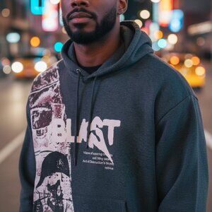 Unisex Hoodie Sz Large Gray Pullover Kangaroo Pocket Graphic Blast Skull Urban